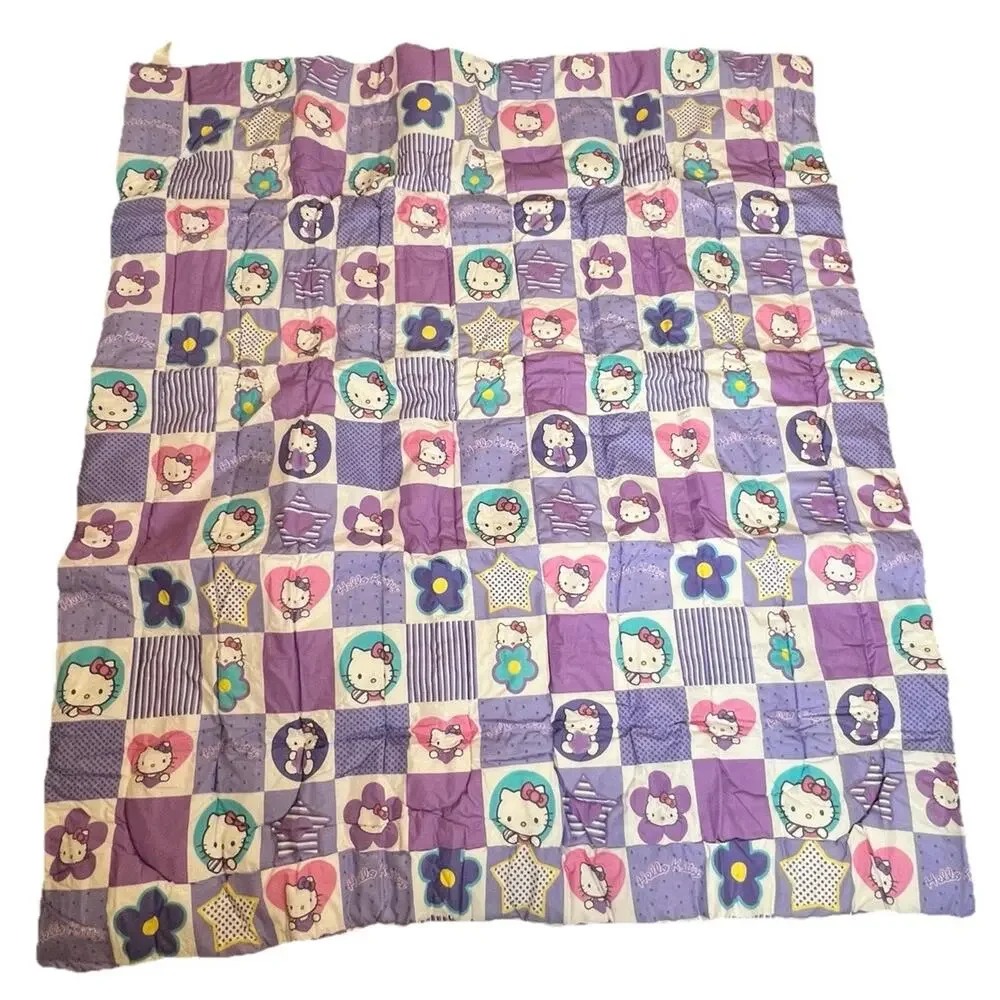 Y2K Hello Kitty Patchwork Stripe Reversible Comforter Sheets Pillowcase Set